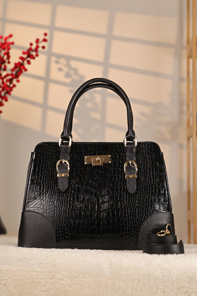 Aksesuarlia Black Color Crocodile Pattern Genuine Leather Bag - Handbag and S...
