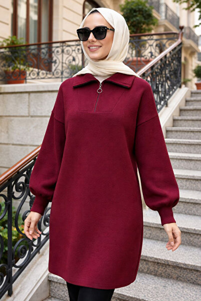 N.S NEVA STYLE Pulover tricotat cu fermoar la guler, roșu claret închis, stil...