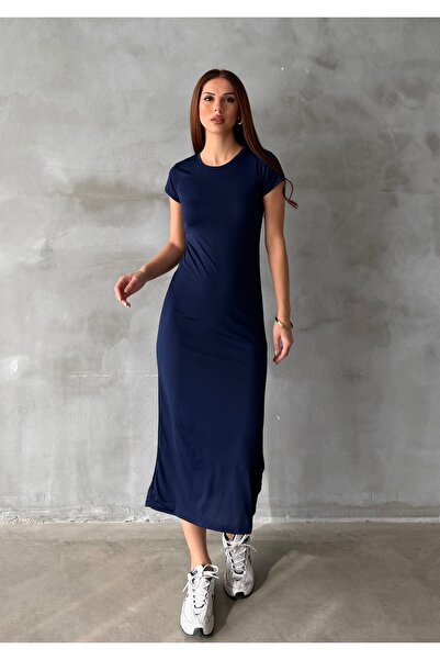 BEJNA Marineblaues, dehnbares, langes Kleid mit Rundhalsausschnitt für Damen