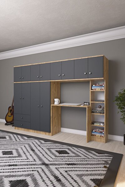 Mirobi Solvio Kitaplıklı Çalışma Masası Gardırop Ünitesi Ön Antrasit Gövde Ri...