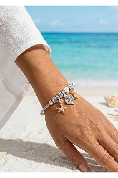 Duke Nickle Oyster Charm Bracelet with Starfish and Heart Pattern - Modern an...