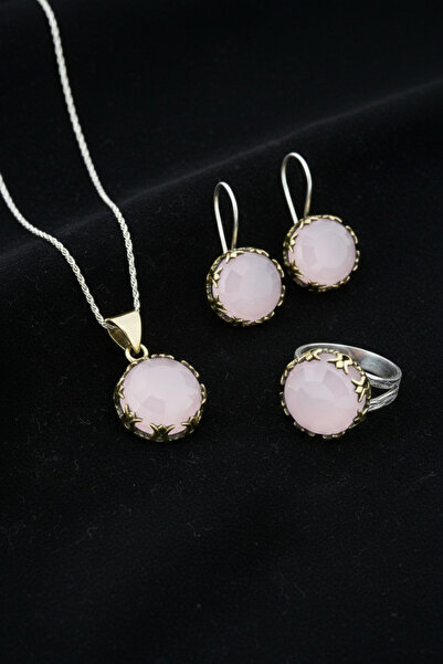 Roza Silver Pembe Kuvars Taşlı Lale Motifli Yuvarlak Otantik Gümüş Kadın Set