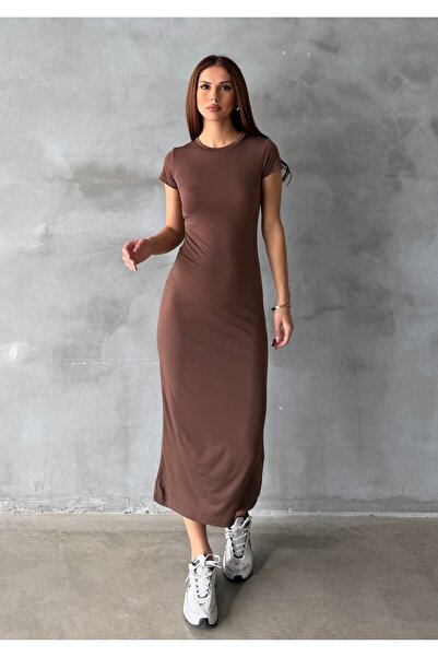 BEJNA Rochie lungă elastică, maro, cu decolteu rotund