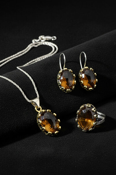 Roza Silver Sitrin Taşlı Otantik Gümüş Kadın Set