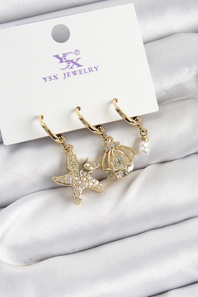Skygo Brass Zircon Stone Starfish and Oyster Model Gold Color 3-Piece Women's...