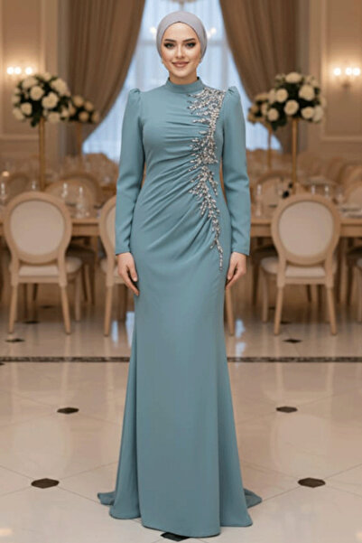 Neva Style Rochie de seară hijab verde Cağla cu broderie cu margele 4964CY