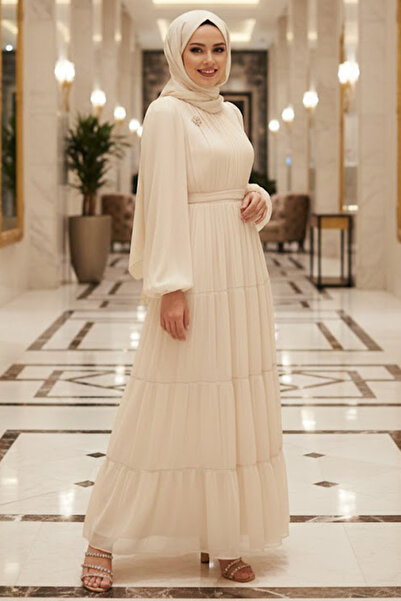 N.S NEVA STYLE - Kat Piliseli Bej Tesettür Abiye Elbise 52981BEJ