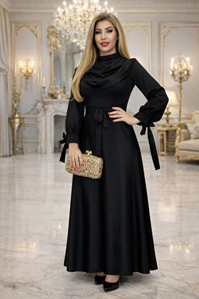 Yeşilmoda فستان سهرة طويل من قماش الساتان، فستان محتشم، ياقة ثنى للنساء، بأكم...