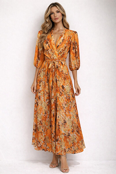 EXPLOSION Saten Desenli Kruvaze Midi Elbise