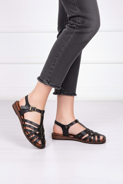 Deripabuc Γυναικεία δερμάτινα σανδάλια από γνήσιο δέρμα μαύρα Dp-0067