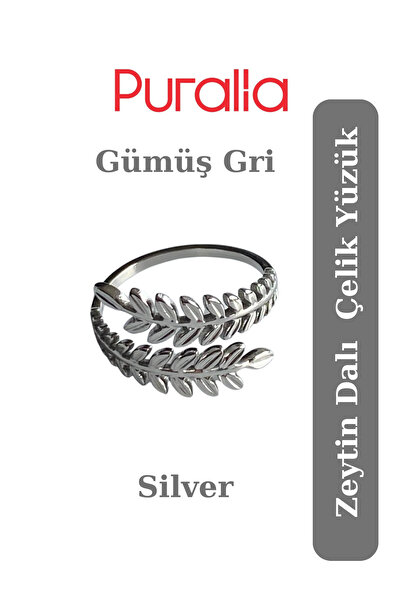 Puralia Olive Branch Adjustable Steel Ring - Silver Gray (Silver)