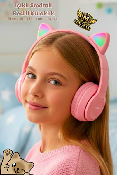 OWWOTECH P47m Işıklı Bluetooth Kulaklık 5.0 Kablosuz Katlanabilir Kedili Kula...