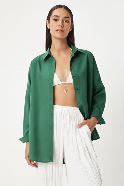 hazelin Γυναικείο Σμαραγδένιο Πράσινο Oversize Μακρύ Βασικό Πουκάμισο HZL22W-...