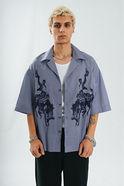 GRJ denim قميص ماتادور رجالي مخطط باللون الأزرق الداكن مقاس كبير