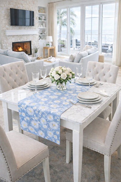 Rona Home Traversă de masă decorativă de lux cu model Blue Daisy, de calitate...