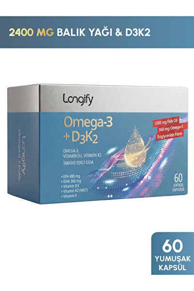 Longify Omega 3 + D3K2, 60 Yumuşak Kapsül, Balık Yağı, EPA, DHA, Vitamin D3, ...