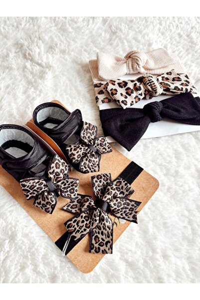 Cloudy Leopar Desenli Patik ve 3'lü Ribana Bebek, Çocuk Kahverengi Saç Bantı ...