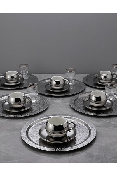 SİNİ Paslanmaz Çelik 6 Adet Yuvarlak Lüx Desenli Gümüş Ad-08 Kahve, Çay Sunum...