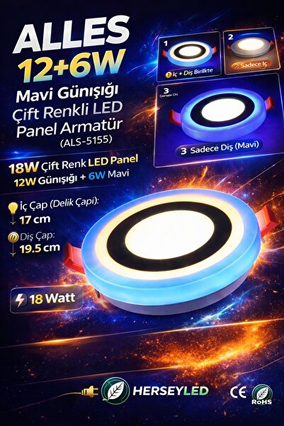 ALLES 12+6W GÜNIŞIĞI MAVİ ÇİFT RENKLİ LED PANEL ARMATÜR