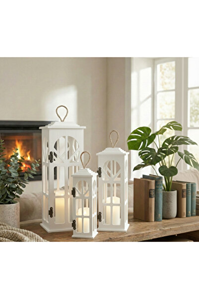Liya Bella 3’lü Dekoratif Ahşap Fener Seti | Mumluk Fener Ev & Balkon Dekoras...