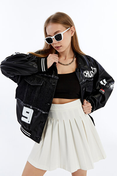 CHOS7N Kadın Oversize Deri Ve Kot Birleşimi Baskılı Kolej Mont Ribanalı Bombe...