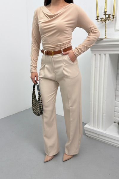 spirituel Pantaloni de damă cu curea, cu pliuri, cu buzunare duble, cu picior...