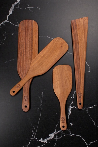 Öz ahsap طقم أدوات مطبخ فاخر مكون من 4 قطع من خشب الجوز يشمل ملعقة خشبية وملع...