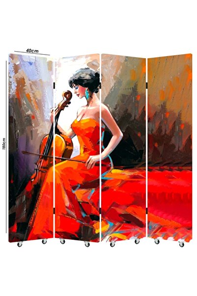 Genel Markalar Çello Çalan Kadınlı 4 Kanatlı Oda Bölücü Çift Taraflı Kanvas P...