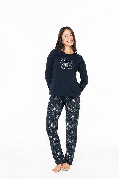 U.S. Polo Assn. 20155 Дамски комплект пижама с дълъг ръкав и кръгла яка в тъм...