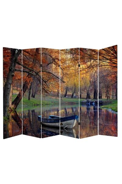 StellaStore Gölde Kayık 6 Kanatlı Oda Bölücü Çift Taraflı Kanvas Paravan