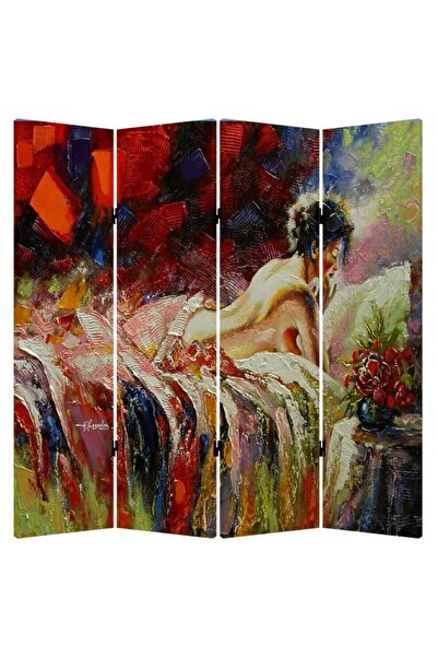 StellaStore Yağlı Boya Görünümlü 4 Kanatlı Oda Bölücü Çift Taraflı Kanvas Par...