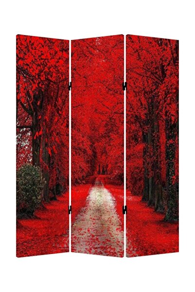 StellaStore Kırmızı Orman 3 Kanatlı Oda Bölücü Çift Taraflı Kanvas Paravan