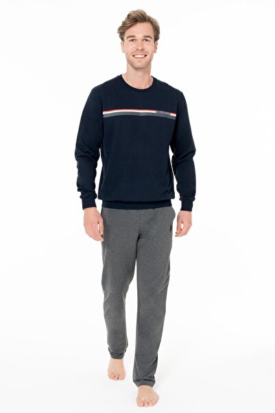 U.S. Polo Assn. طقم ملابس منزلية شتوية منسوجة بخيطين للرجال - أزرق داكن - L