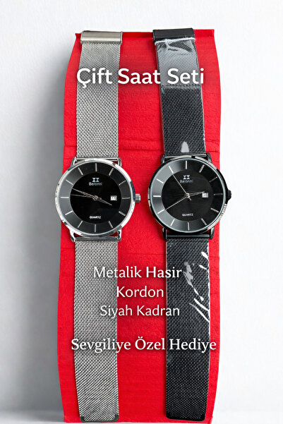 Belonni Unisex Çift Kol Saati | Siyah & Metalik Hasır Kordon Takvimli Set