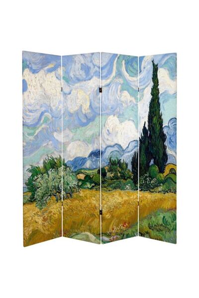 StellaStore Van Gogh 4 Kanatlı Oda Bölücü Çift Taraflı Kanvas Paravan