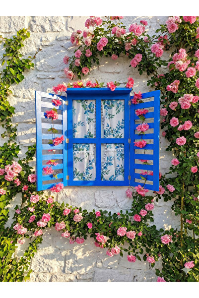 Home El boyaması dekoratif ahşap panjurlu pencere,perdeli,100×70cm yer kaplar
