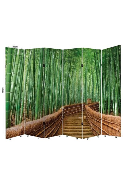 Genel Markalar Bambu Resimli 6 Kanatlı Oda Bölücü Çift Taraflı Kanvas Paravan