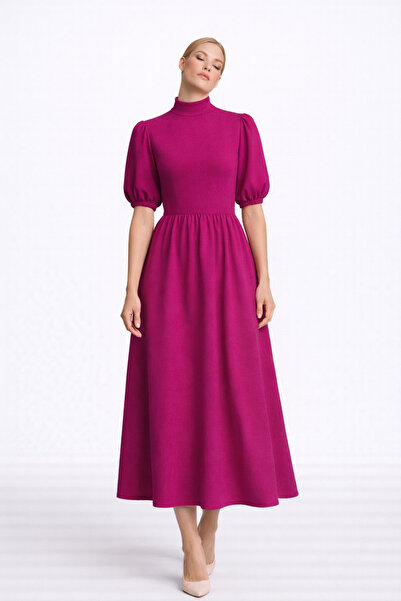 MERT ERKAN فستان متوسط الطول من الكريب الفوشيا بأكمام البطيخ