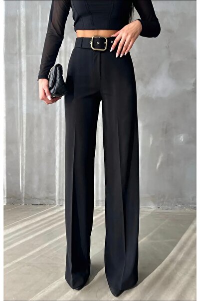 Heyya Kadın Yüksek Bel Bol Paça Siyah Kumaş Pantolon Kemersizdir