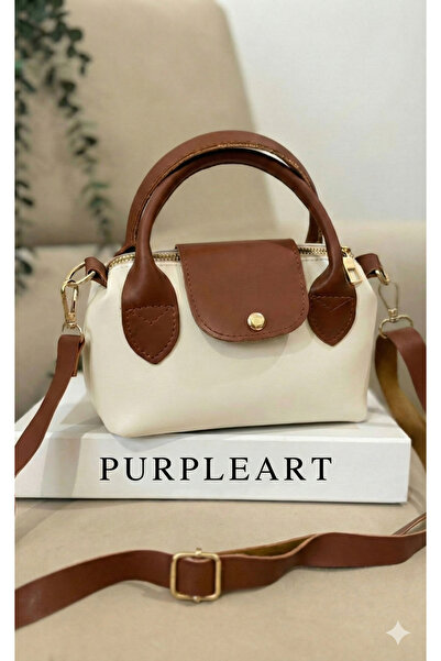 PurpleART Kadın Krem Taba Çift Renkli Minimalist Mini El ve Omuz Çantası - Fe...