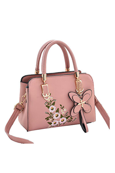 OEM Women's pink faux leather handbag with embroidered flower, pendant, shoul...