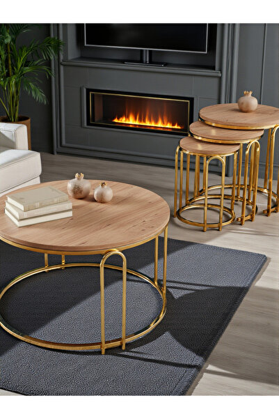 SEDAŞ LIVING UNITS Lenka Zigon Orta Sehpa Takımı Yuvarlak Gold Metal 3+1 - Aç...