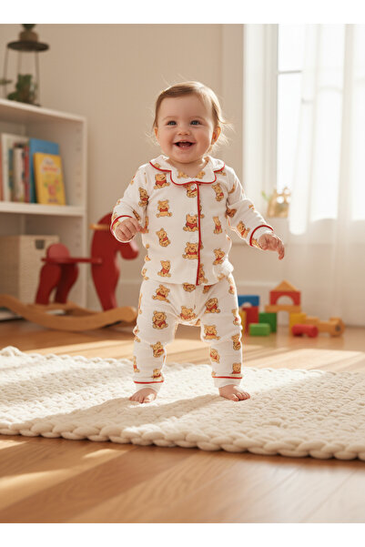 minço bebe Baby Girl and Boy Teddy Bear Printed Button 100% Cotton Pajama Set