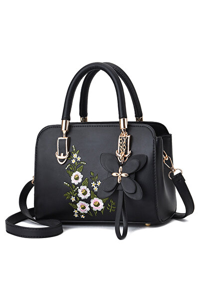 OEM Дамска чанта с бродирано цвете, висулка, презрамка, изкуствена кожа (черна)
