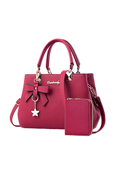 OEM Women's bag set with wallet and flower pendant, 2 pieces, faux leather, red