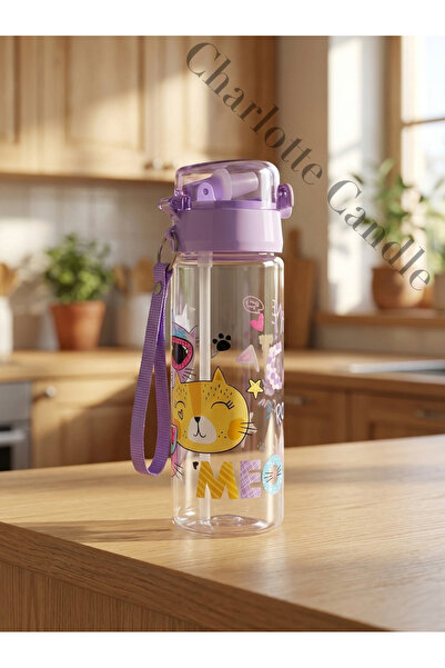 Charlotte Candle Çocuk Matara Suluk 500 ml Kedi Desenli Pipetli Polikarbon Bp...