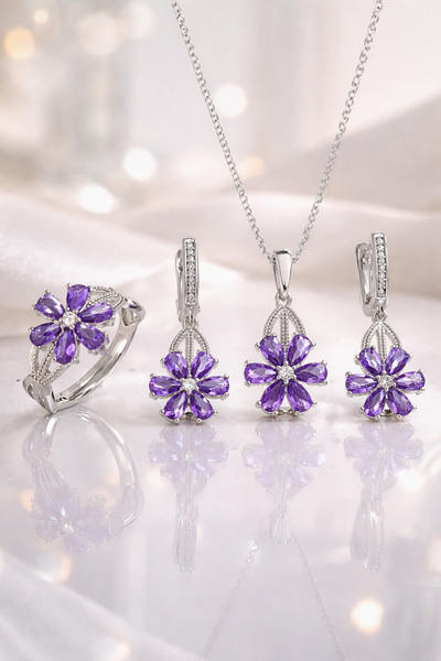 Siset Gümüş 925 Ayar Rodyum Kaplama Ametist Taşlı Lotus Çiçeği Gümüş Set