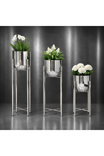 Valda Metal Nikel Krom Ayaklı Saksılık (Boy 75-60-45 cm) Çap 20 cm