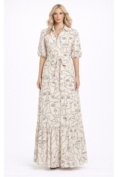 MERT ERKAN فستان قميص منقوش عليه وجه أسود وحاشية مكشكشة باللون البيج