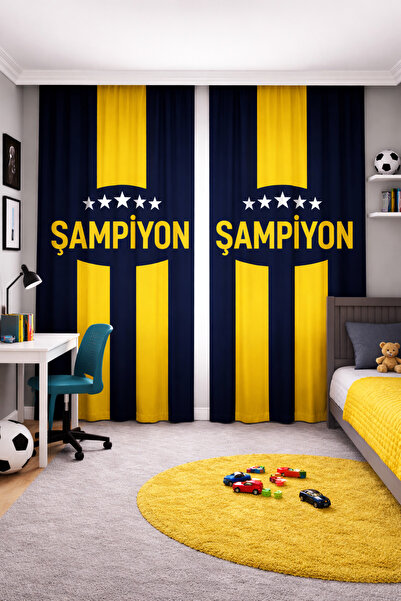 Bebişim Halı Fan Yellow Navy Blue Double Winged Background Curtain